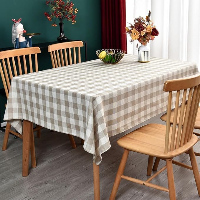 Gingham Table Cloth for Rectangle Tables Beige Checkered Plaid Tablecloth Heavy Duty Cotton Blend Washable & Wrinkle Table Cover for Outdoor Kitchen Dining Picnic Camping (60x120 Inch)