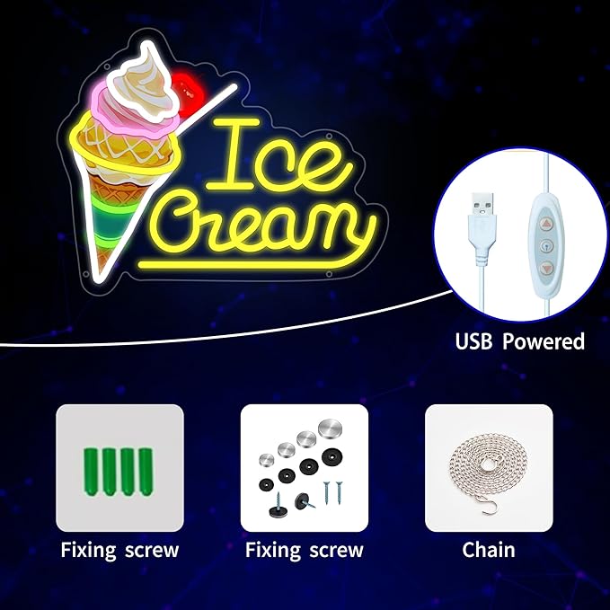 Ice Cream Neon Sign for Wall Decor, Ice Cream Led Signs, Dimmable USB Powered Neon Light Sign for Home, Business, Shop, Bar Pub, Store