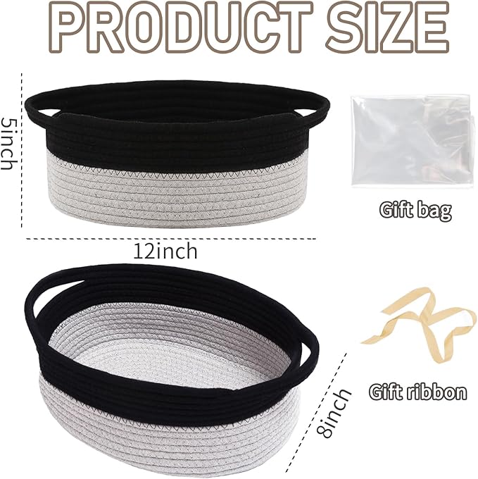 Woven Basket,Small Rope Storage Bin with Handles & Ribbon Bag, Organizer for Shelves Closets,Gift Basket Empty for Birthday,Books,Dog Toys, Black&Grey/2 Pack