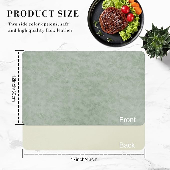 BLESWIN Faux Leather Placemats, Set of 6, 12×17 Inch -Double Side Texture Color Table Mats, Heat-Resistant, Waterproof and Oil-Resistant, Suitable for Dining Room, Kitchen, Party, Outdoor -Green&White