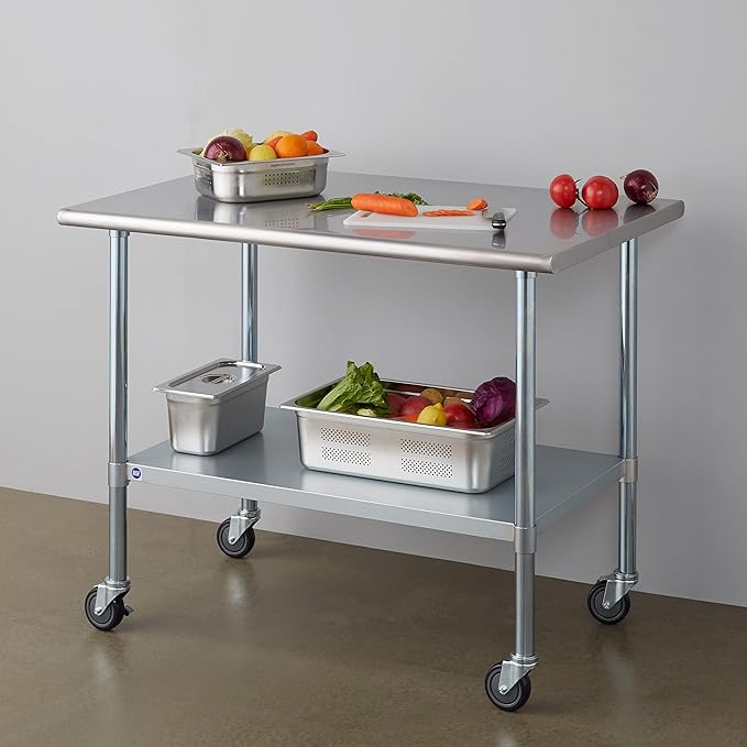 ROCKPOINT Stainless Steel Table for Prep & Work with Caster Wheels 30x48 Inches, NSF Metal Commercial Kitchen Heavy Duty Table with Adjustable Under Shelf and Table Foot for Restaurant, Home and Hotel