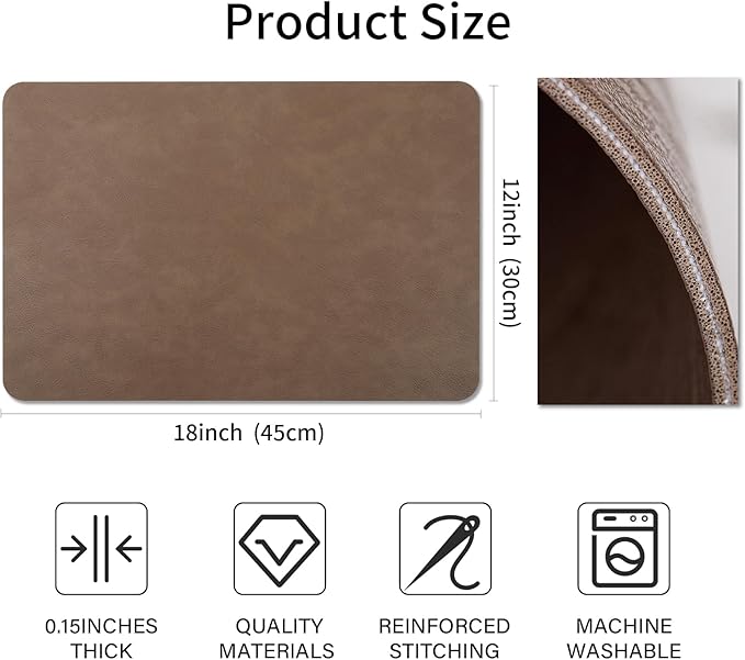 Cowhide Pattern Faux Leather Placemats Set of 6,Heat Resistant Non-Slip Waterproof Wipeable Washable Kitchen Dining PU Table Place Mats,Double-Sides Available,Dark Brown