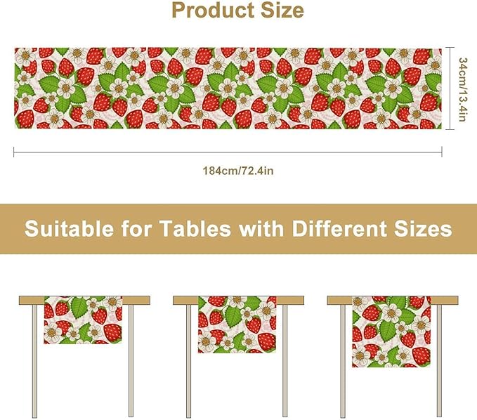 Spring Strawberry Table Runner, Floral Strawberries Flowers Leaf Season Inspirational Design Table Runner for Kitchen Dining Party Holiday Home 13x36in