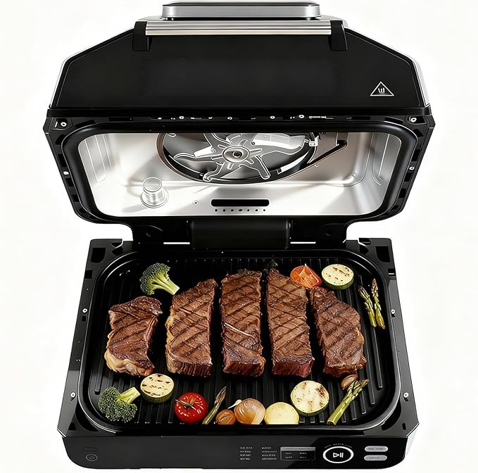 OLIXIS Electric Grill Outdoor/Indoor, 8-in-1 Multifunctional Large Electric BBQ Grill for Air Fry, Bake, Roast, Steak, Broil and Dehydrate, Safe Non-Stick Coating, Fry Basket Included