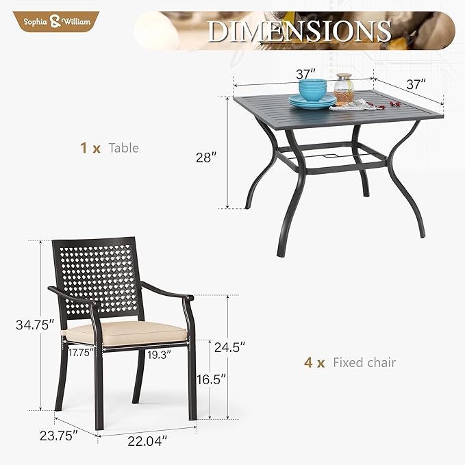 Sophia & William Patio Table and Chairs Set, Outdoor Dining Set for 4, 5 Piece Metal Patio Furniture, 37" Black Square Table(Beehive)