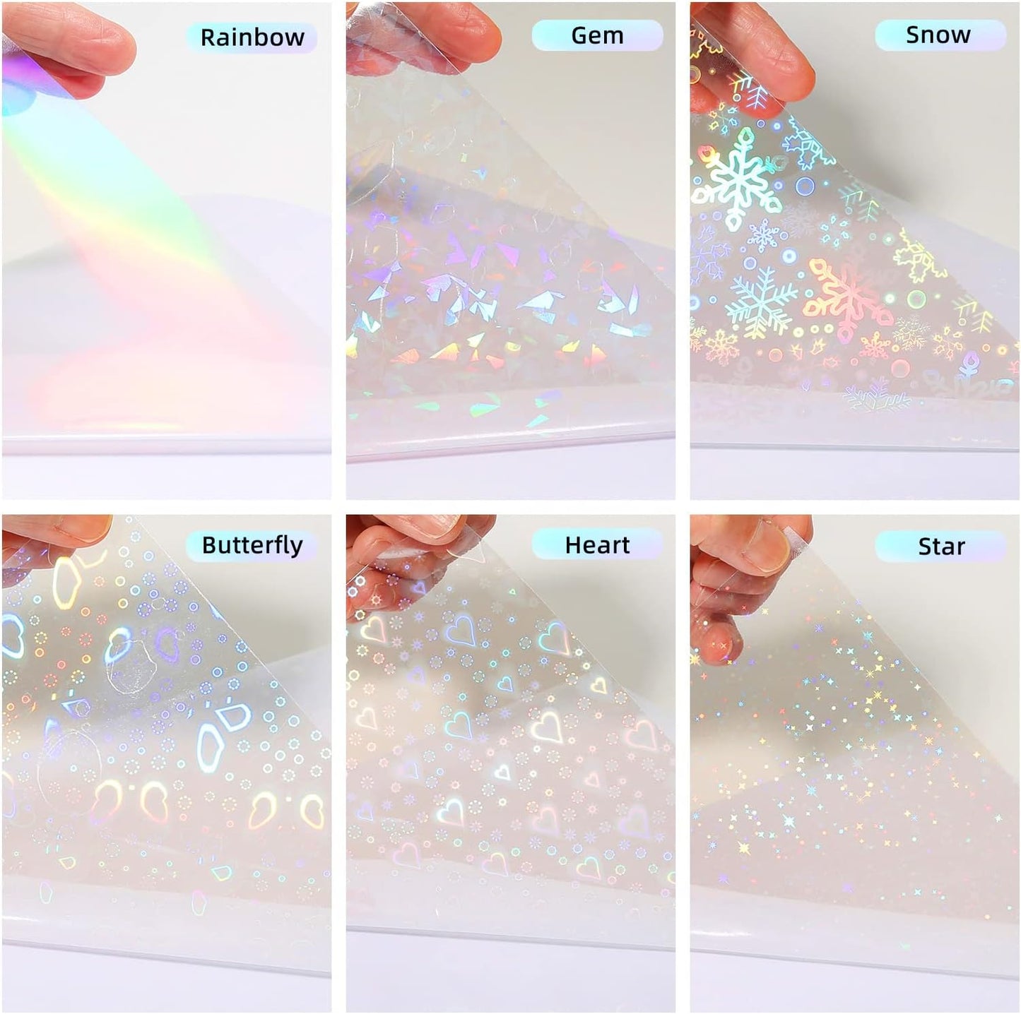 36 Sheets Holographic Sticker Paper, Clear Vinyl Sticker Laminate Film Self-Adhesive, Transparent Overlay Lamination Sticker Paper Waterproof, 6 Patterns-8.5x11 Inch
