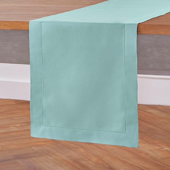 Solino Home Cotton Linen Pastel Turquoise Table Runner 72 Inches Long - Hemstitch Table Runner 14 x 72 Inch for Dresser, Dining, Spring, Easter