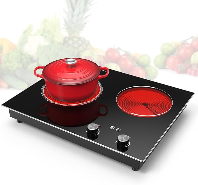 Electric Cooktop,1110V 2100W 2 Burner stove,Built-in & Countertop Stove Top with10 Heating Level, Timer & Kid Safety Lock, LED Knob Touch Control 2 Burner Electric Cooktop