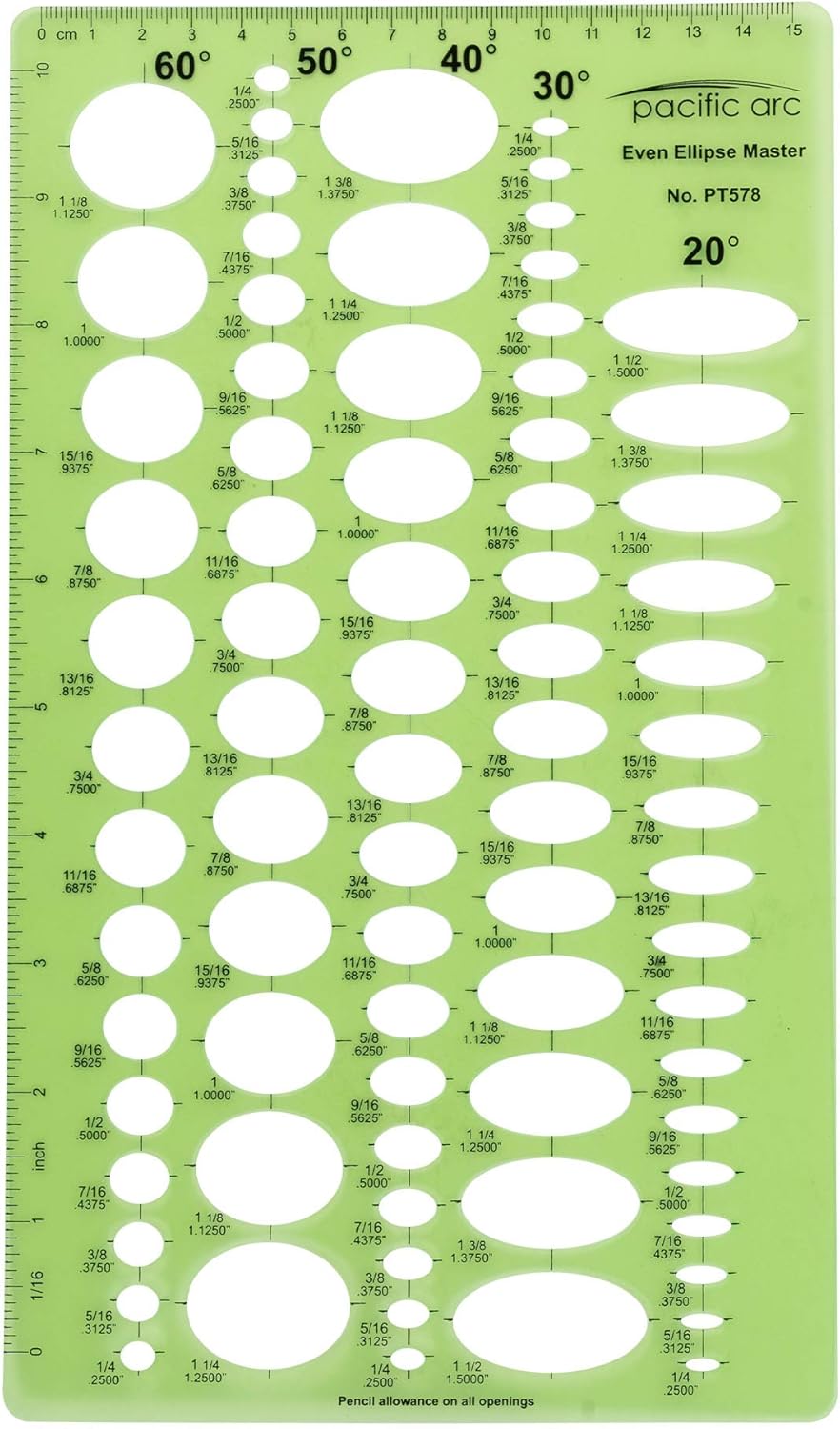 Pacific Arc Even Ellipse Master Template Guide, 79 Ellipses in 5 projections of 20, 30, 40, 50, and 60 Degrees
