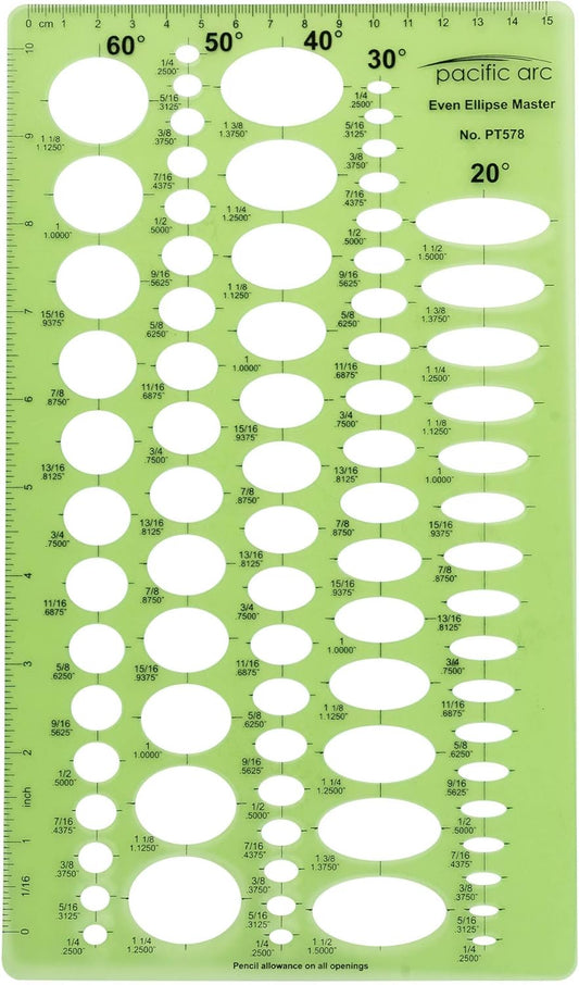 Pacific Arc Even Ellipse Master Template Guide, 79 Ellipses in 5 projections of 20, 30, 40, 50, and 60 Degrees