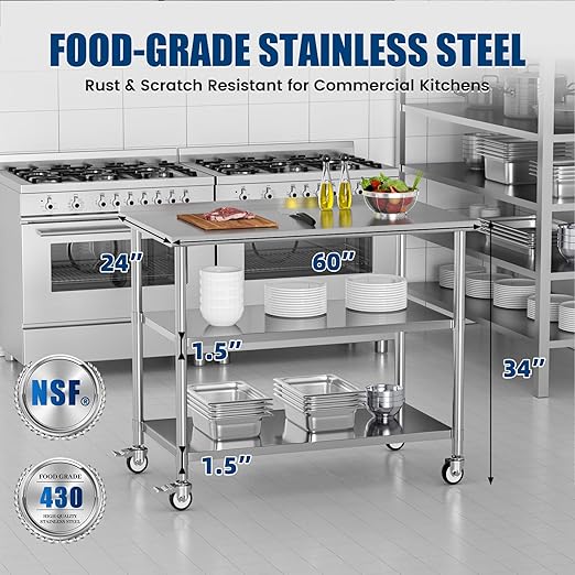 Stainless Steel Work Table with Wheels, 24x60 Inch NSF Food Prep Table with Backsplash & 2 Adjustable Undershelves for Commercial Kitchen, Restaurant, Garage