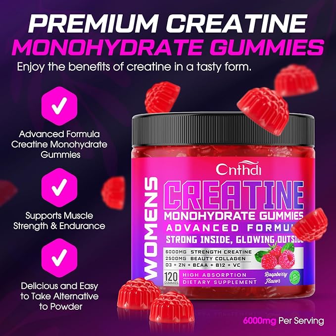 Creatine Monohydrate Gummies 6000MG Pre-Workout for Women, Creatine Gummies with Collagen, BCAA 2:1:1, Zinc & Taurine for Muscle Support, Enhance Strength & Booty, Gluten-Free, 120 Counts