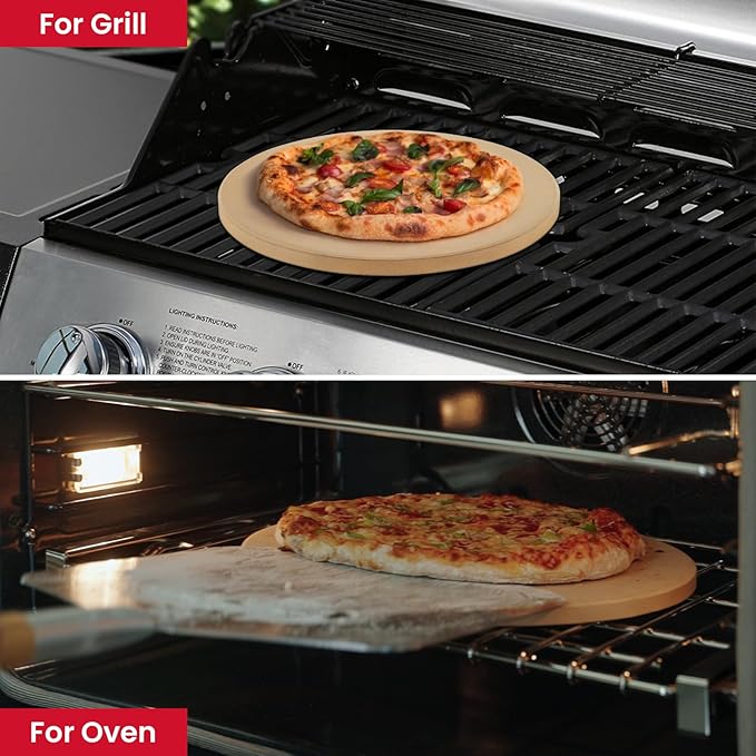 Unicook Pizza Stone for Grill Oven, 15 Inch Round Baking Stone, Heavy Duty Cordierite Bread Cooking Pan, Thermal Shock Resistant, Ideal for Making Crisp Crust Pizza, Bread and More, Includes Scraper