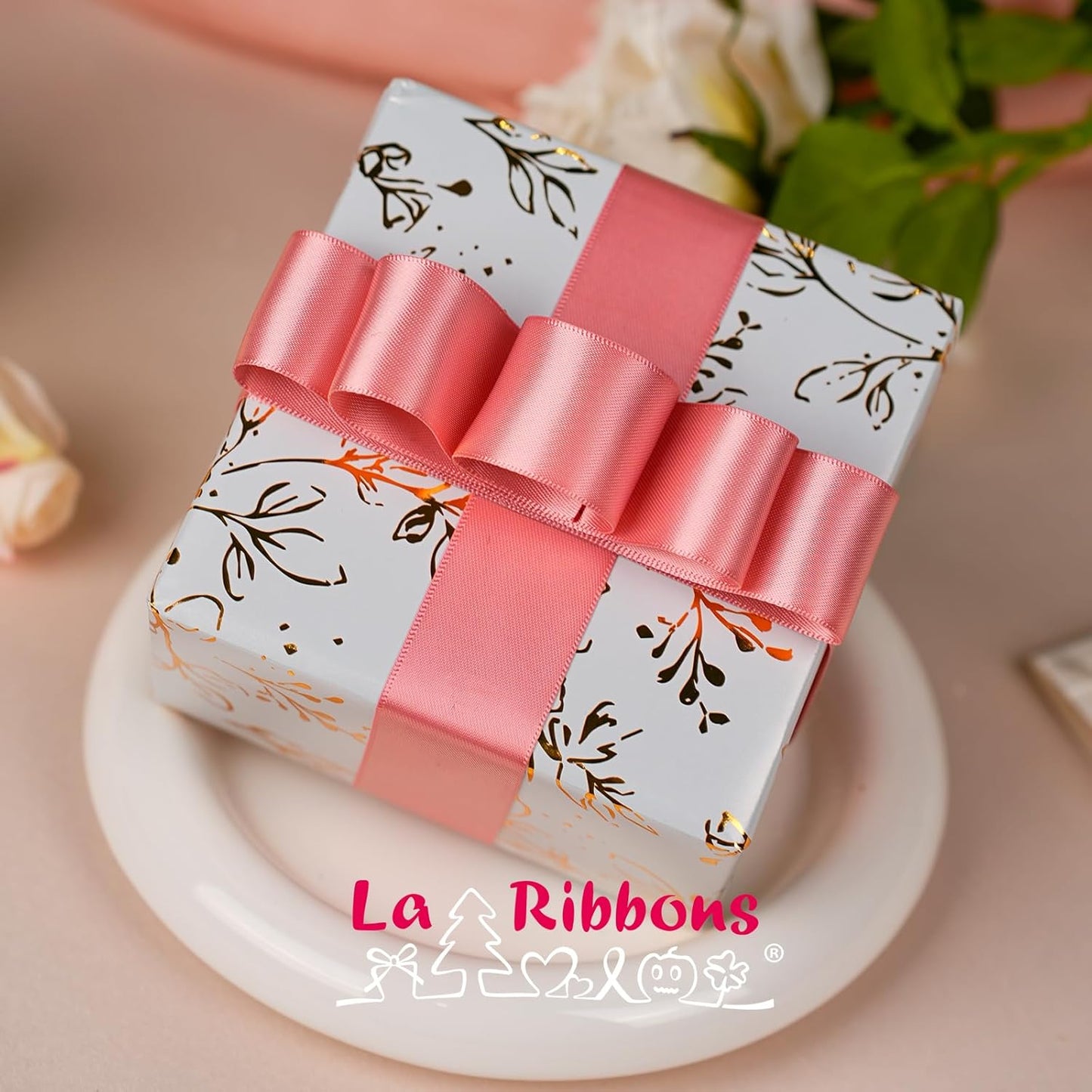 LaRibbons 1 Inch 50 Yard Double Faced Satin Ribbon,Dust Pink Satin Craft Fabric Ribbon for Gift Wrapping Floral Bouquets Wedding Party Decoration