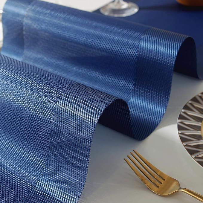 Vinyl Placemats Set of 6 Vinyl Heat-Resistant Table Mats with Matching a Same-Style 72 inches Table Runner(7pcs,Blue)