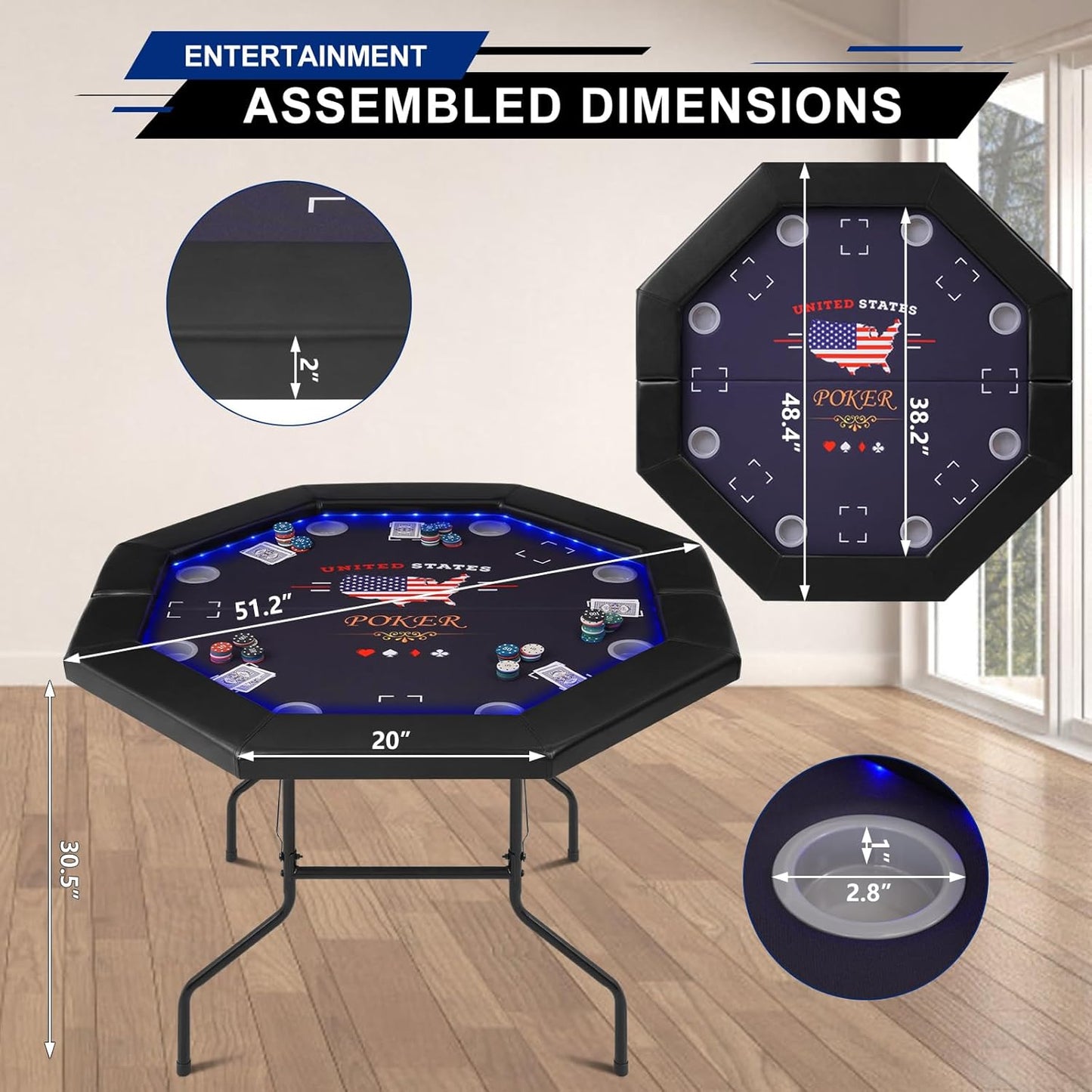 LED Poker Table Foldable, Octagon Casino Leisure Gamimg Table for 8 Player, Folding Texas Holdem Blackjack Table w/Built-in LED Light, Padded Rails & Cup Holders for Home Game Room