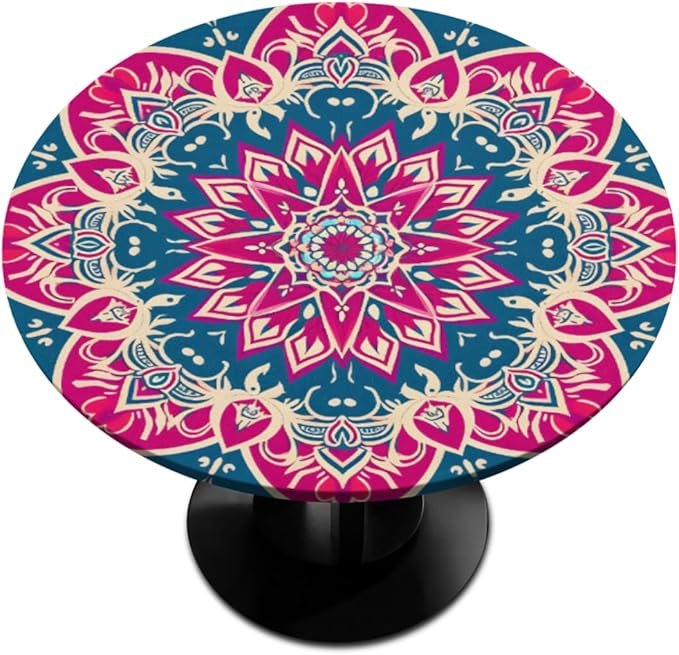 Beautiful Flower Mandala Round Table Cloth Cover, Elastic Edge Waterproof Wipeable Tablecloths 45"-56" Polyester Tablecloth for Party Restaurant Banquet Holiday Camping Outdoor Picnic