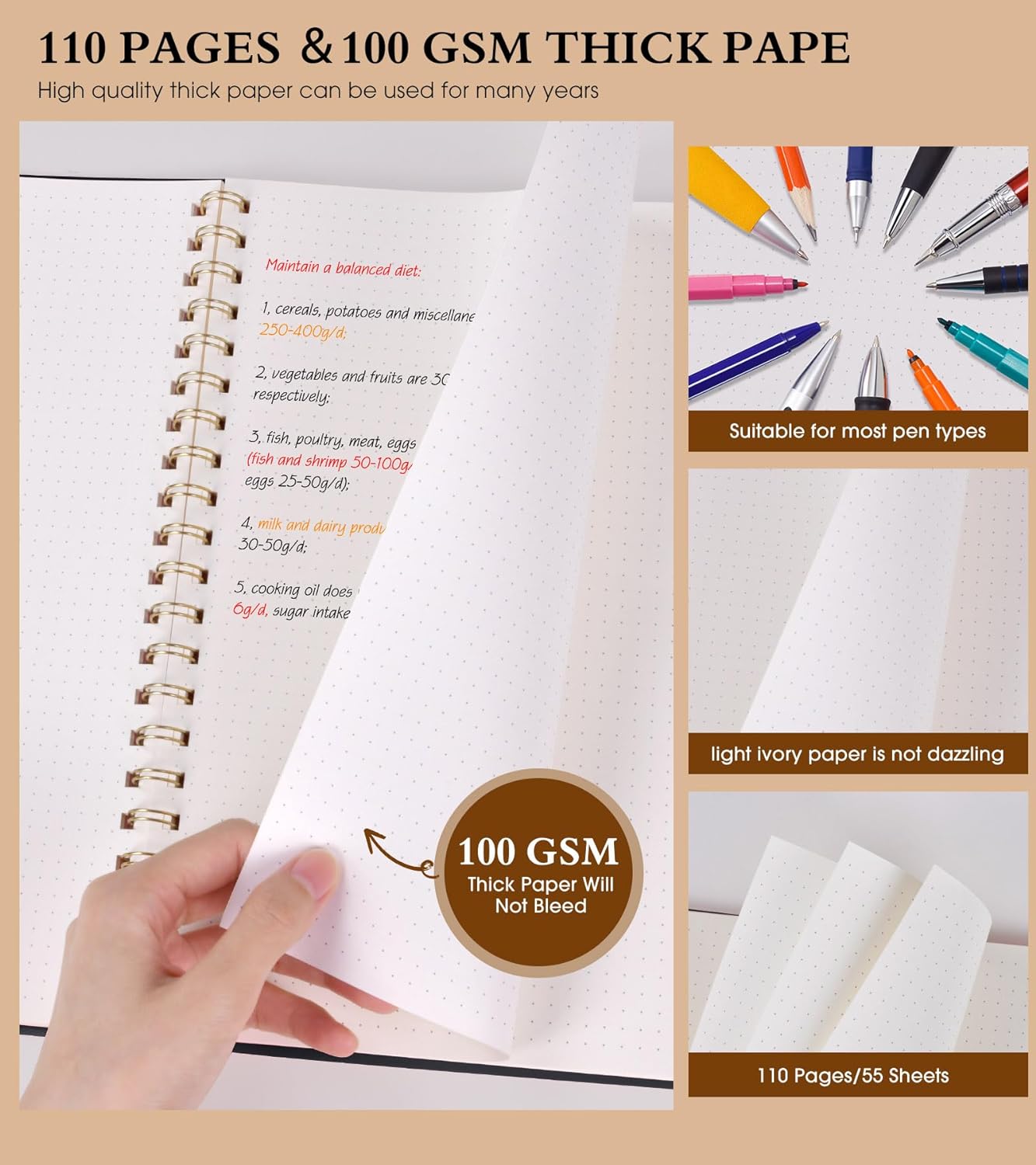 Dotted Notebook, Spiral Notebook Journal 8.5” x 11”, A4 Large Dot Grid Notebooks for Women Men, 100 GSM Dotted Paper, Plastic Hardcover Spiral Bullet Journals for Work School Sketching, Black