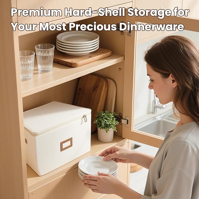 HOMELUX THEORY Saucer Plate Storage Box, 2pc Ivory Hard Shell China Storage Containers Thick Surfaces Lid & 24 Felt Pads, Heavy Duty Moving Box with Handles for Dishes, Dinner Plate, & Dinnerware