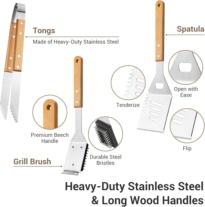 18pcs Wooden Grill Tool Set, BBQ Accessories Heavy Duty Stainless Steel Grill Utensils Set with Carry Bag Spatula, Fork, Tongs & Cleaning Brush and More Grilling Gifts for Christmas Men, Father’s Day