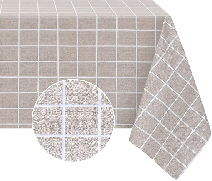 Romanstile Rectangle Vinyl Tablecloth, 100% Waterproof Oil-Proof Checkered Plastic Table Cloth, Heavy Duty Wipeable Table Covers for Dining, Camping, Picnic, Outdoor - 52 x 70 Inch, Sand