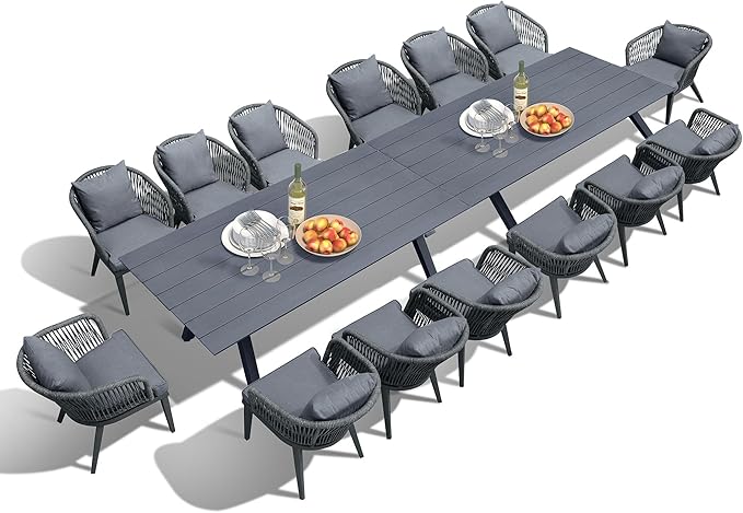 PURPLE LEAF 16 Pieces Patio Dining Set Wicker Outdoor Furniture Rectangular Table and Chairs Set for Garden Deck Aluminum Frame Backyard Kitchen Set, Cushions and Pillows Included Grey