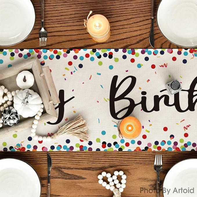 Artoid Mode Polka Dot Beige Happy Birthday Table Runner, Seasonal Kitchen Dining Table Decoration for Home Party Decor 13x48 Inch