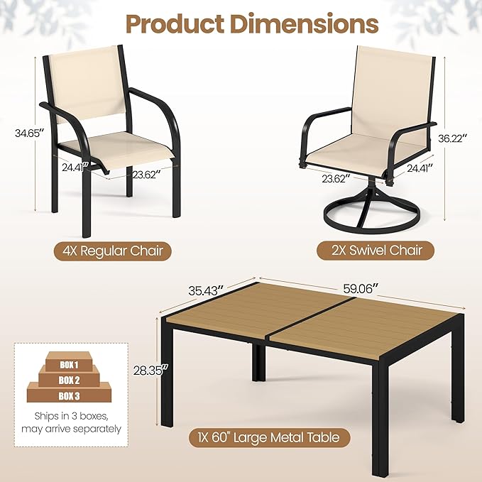 Outdoor Dining Set for 6, 59” Patio Table and Chairs Set with 2 Swivel Chairs, 4 Regular Textilene Chair and 1 Large Table, Modern Patio Furniture Set for Backyard Porch Poolside (Beige)