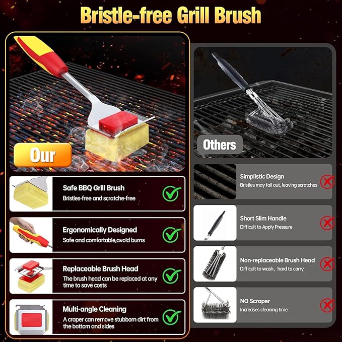 Grill Brush Bristle Free for Outdoor Grill, Steam Grill Cleaning Brush Replaceable BBQ Cleaner Brush Head,Extended Handle, Safe Grill Brush with Scraper for Cast Iron Stainless-Steel Grates,Red
