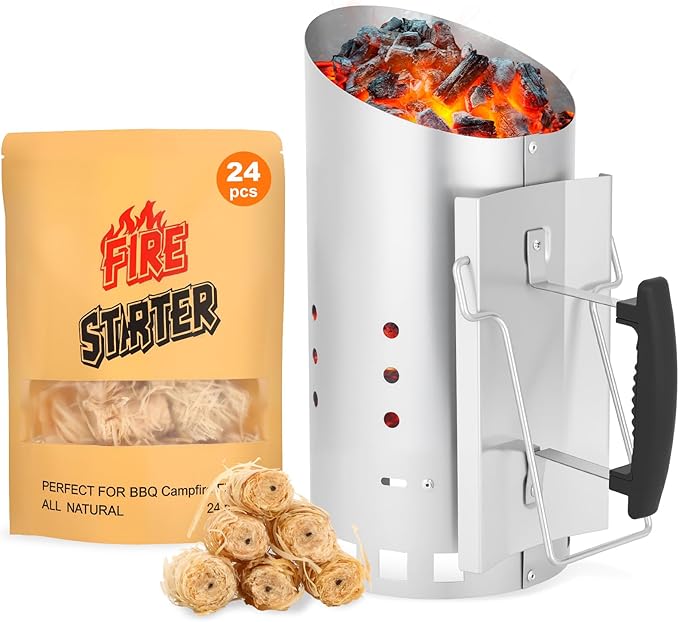 Charcoal Chimney Starter with 24 Pcs Natural Fire Starters, Heavy Duty Barbecues Chimney Starter for Charcoal Grill and BBQ, Easy Grip and Sturdy and Rapid Fire Starter, Zinc Steel