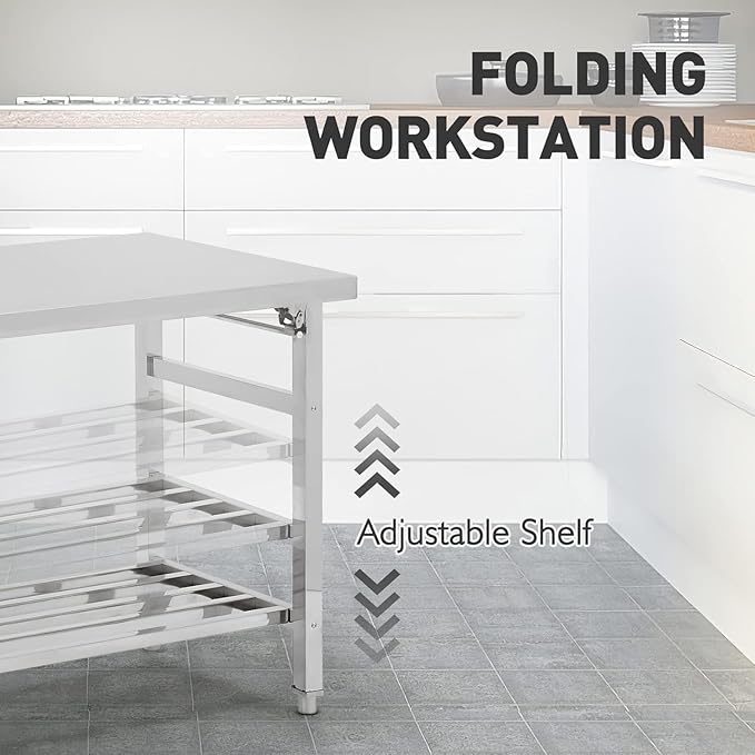 48''x24'' Stainless Steel Folding Preparation Table with Adjustable Undershelf, NSF Commercial Heavy-Duty Workbench, for Kitchen, Hotel, Home, Outdoor Cooking Table