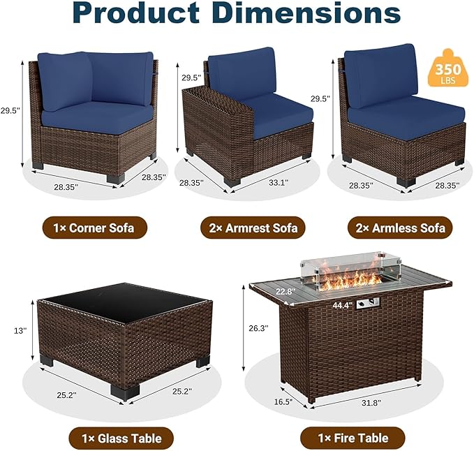7 Piece Patio Furniture Set with Fire Pit Table, Outdoor Conversation Sets Wicker Rattan Sectional Sofa with Coffee Table, 4'' Thickened Cushion Navy Blue (Include Waterproof Cover)