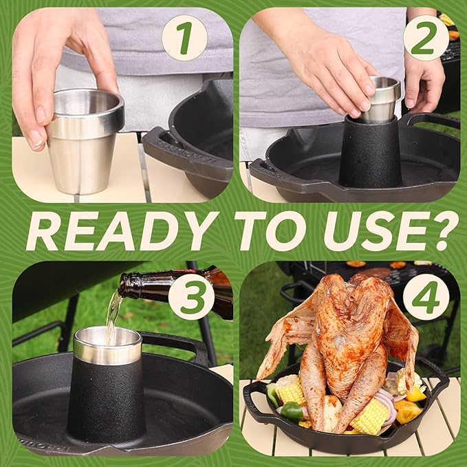Cast Iron Chicken Roaster, Pre-Seasoned Vertical Poultry Roaster with Drip Pan, Beer Can Chicken Holder for Grill, Oven & Smoker