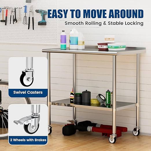 Stainless Steel Work Table with Wheels, 24x48 Inch NSF Food Prep Table with Backsplash & Adjustable Undershelf for Commercial Kitchen, Restaurant, Garage