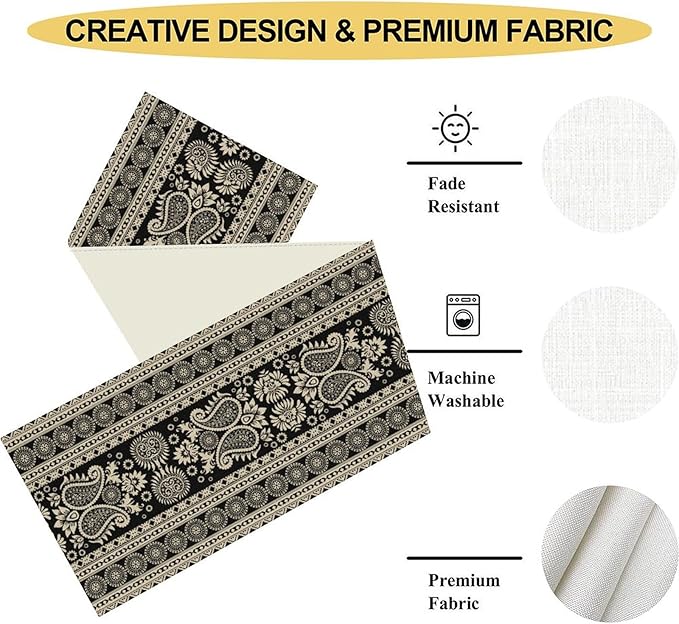 Black Paisley Table Runner, Rustic Damask Antique Floral Flower Retro Boho Swirled Pattern Coffee Vintage Table Center Decor for Family Kitchen and Living Room Outdoor Table Decorations, 13" X 72"