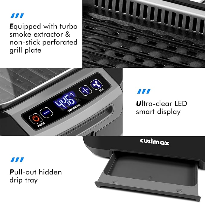 CUSIMAX Electric Indoor Grill, 1500W Smokeless Korean BBQ Grill with Smart LED Display & Tempered Glass Lid, Removable Non-stick Plate, Turbo Smoke Extractor, Black