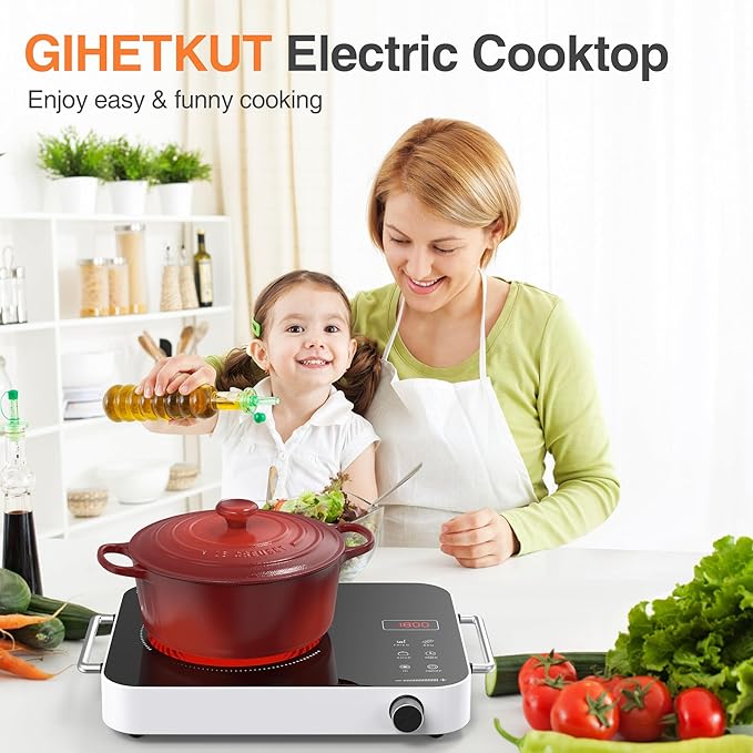 Single Burner Electric Cooktop,1800W 110V Electric Stove Top with Knob Control, Portable Cooktop with 2 Handle,single burner electric stove with Double Ring Heating, 4 hours Timer