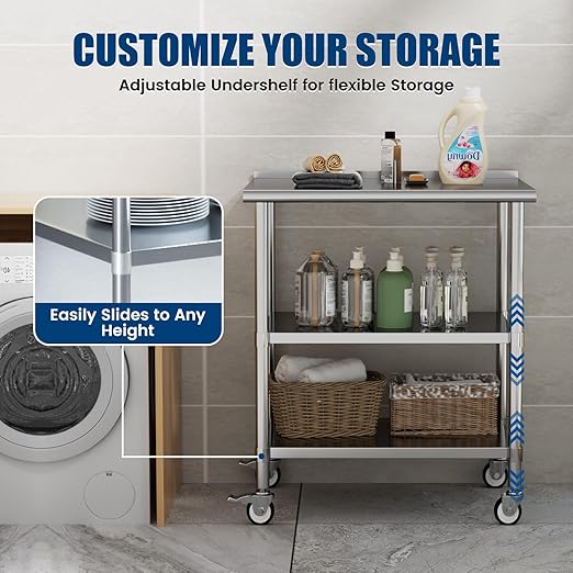 Stainless Steel Work Table with Wheels, 24x36 Inch NSF Food Prep Table with Backsplash & 2 Adjustable Undershelves for Commercial Kitchen, Restaurant, Garage