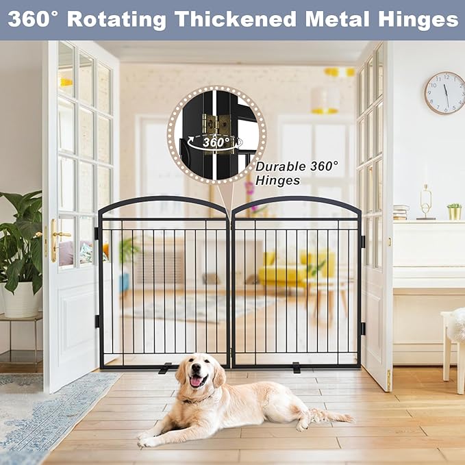 Full Metal Free Standing Dog Gate with Door for Indoor Outdoor, 48'' Extra Wide 32'' Tall Dog Gate for Doorways,Large Openings,Decks,Pet Puppy Freestanding Safety Fence(2 Panels,Black)