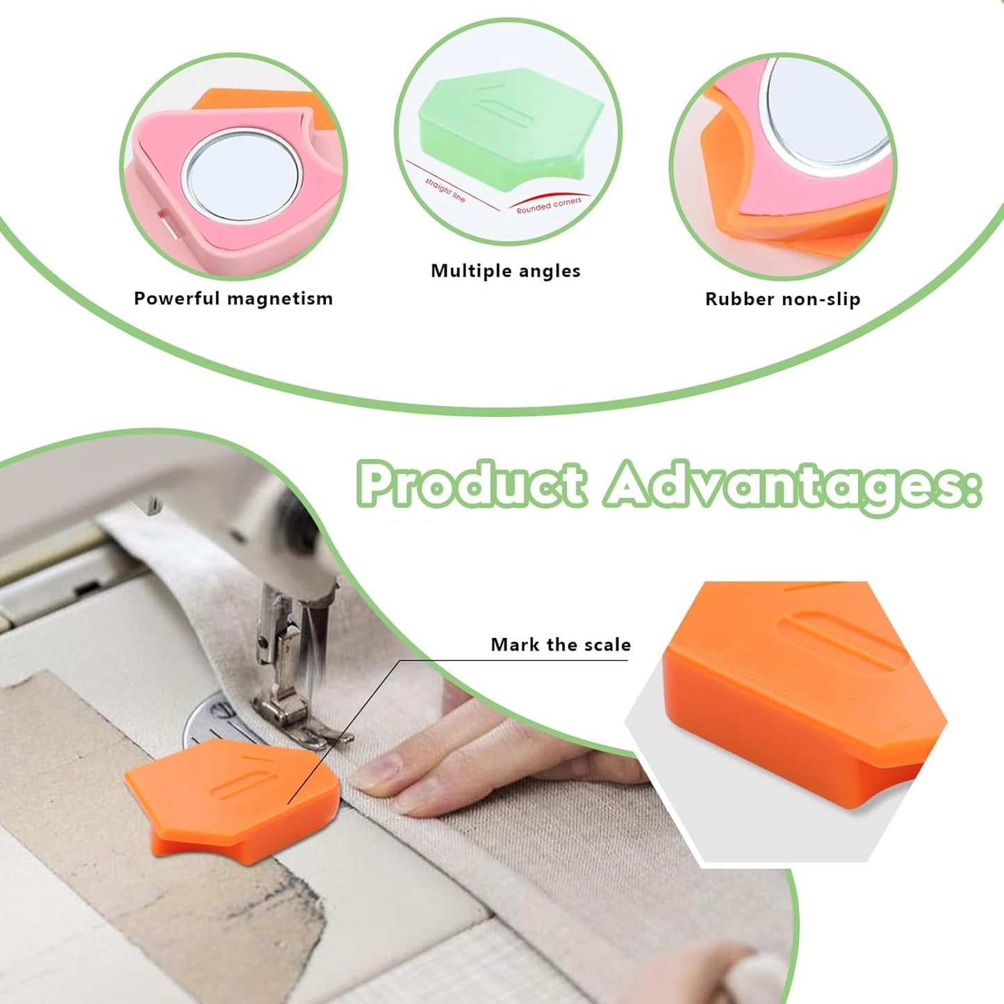 Pcmursal 6 Packs Magnetic Seam Guide for Sewing Machine, Multifunctional Polygonal Seam Guide Hemmer Guide with Scale, Sewing Supplies and Accessories for Magnet Making Machine