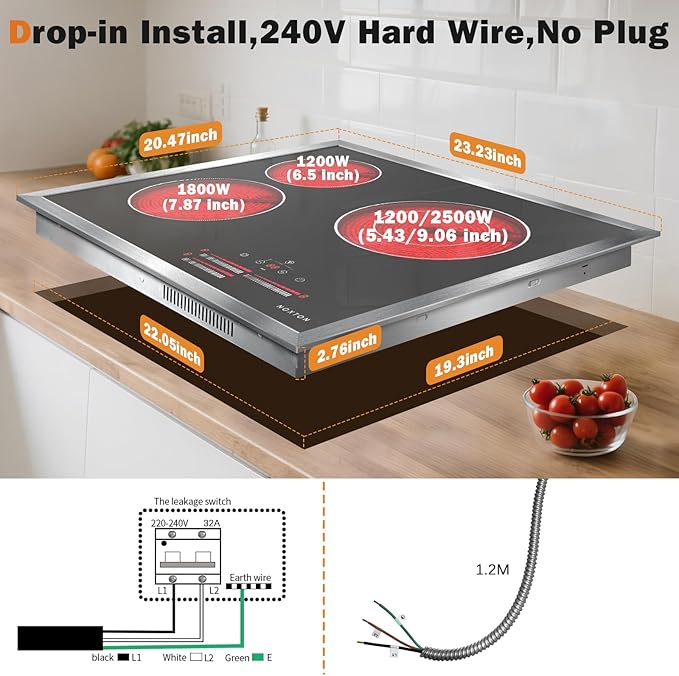 Noxton 24 Inch Electric Cooktop, 3 Burner Built-in Radiant Stove Top, Stainless Steel Frame, Dual Zone Ceramic Glass Hob, Touch Slide Control, 9 Power Levels, Timer, Child Lock, 5500W, 240V Hardwired