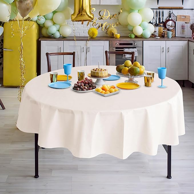 Nasitos 2 Pack Round Tablecloth 60 Inch-Beige 100% Waterproof Spillproof Wrinkle Free Plastic Disposable Vinyl Table Cloth for BBQ, Party, Fine Dining, Wedding, Communion, Baptism Decorations