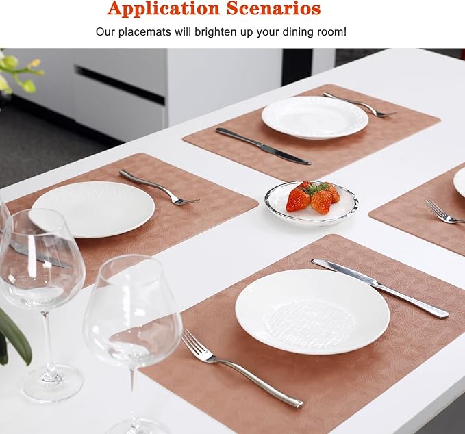 Vinyl Placemats Set of 8 Heat Resistant Easy Clean Non-Slip Place Mats for Dining Table. Faux Leather Waterproof Stain Resistant Wipeable Washable PU Table Mats(8, Coral)