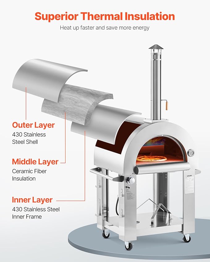 VEVOR Dual Fuel Pizza Oven Outdoor, 26 in Portable Pizza Oven, Pellet & Gas Powered Outdoor Pizza-Maker with Thickened Cordierite Pizza-Stone, Easy to Move with Casters, for Camping and Backyard
