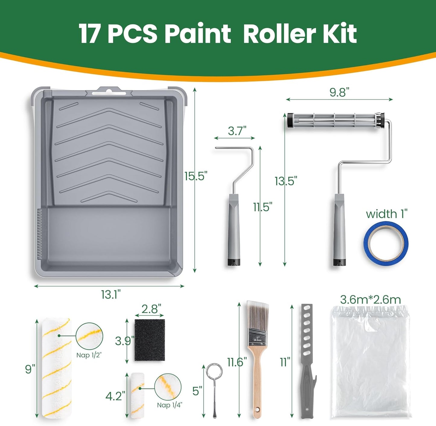 VOOMEY 17 Piece Paint Roller Kit - Paint Rollers 9"4", Paint Roller Frame，Paint Trays, Microfiber Roller Cover, Paint Kit for House Painting,Paint Brushes for Painting Walls