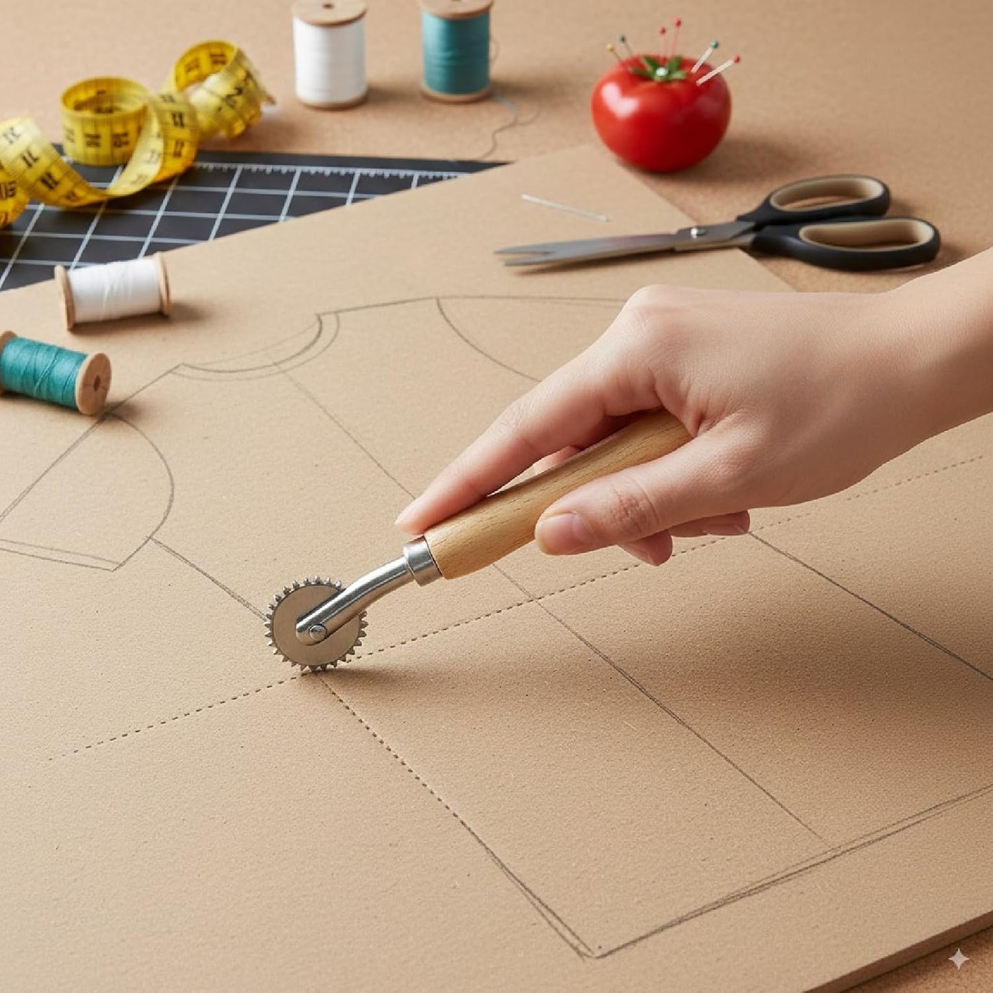 Box Resizer Tool Kit, 0.5mm Solid & Dashed Line Scoring Wheel with Wood Handle & Soft Tape Measure for Cardboard, Paper Craft, Gift Box Making