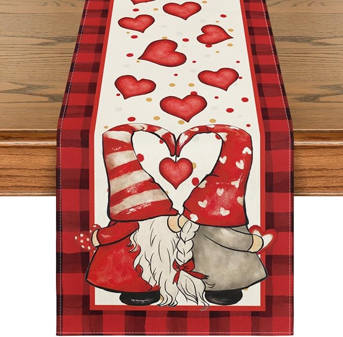 Artoid Mode Red Watercolor Hearts Gnomes Love Valentine's Table Runner, Seasonal Anniversary Wedding HoliKitchen Dining Table Decoration for Indoor Outdoor Home Decor 13 x 60 Inch
