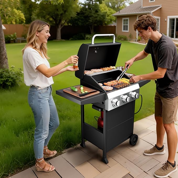 ROVSUN 3-Burner Propane Gas BBQ Grill with Foldable Side Tables & Enameled Cast Iron Grates, 36,000 BTU Barbecue Grill with Portable Wheels for Outdoor Patio Backyard Cooking Grilling, Black