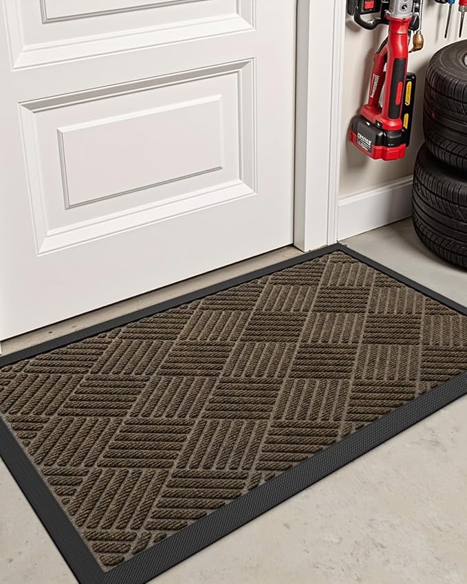 DEXI Front Door Mat Outside Entrance, 17x29 Rubber Entry Doormat Heavy Duty, Welcome Mats Non Slip for Inside House Floor Entryway Back Doors Exterior Patio, Diamond Brown