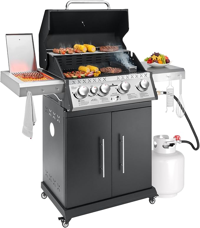 Propane Gas Grill, 4+1 Stainless Steel Barbecue Grill with Infrared Side Burner for Outdoor Cooking, Black